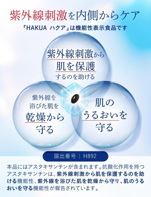 HAKUA（ハクア） 紫外線対策 飲むサプリ 機能性表示食品 アスタキサンチン 日焼け止めサンプル付き 30日分 - 画像 (3)