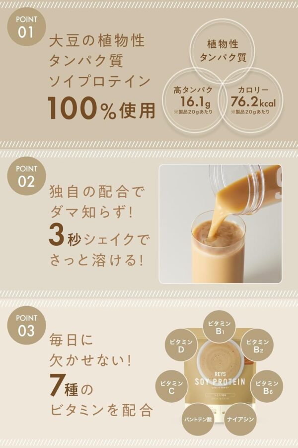 REYS レイズ ソイ プロテイン 山澤 礼明 監修 1kg 国内製造 ビタミン7種配合 SOY ぷろていん ソイプロテイン (ソイラテ風味) - 画像 (4)