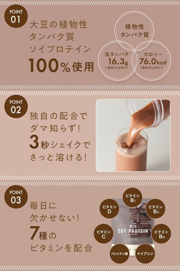 REYS レイズ ソイ プロテイン 山澤 礼明 監修 1kg 国内製造 ビタミン7種配合 SOY ぷろていん ソイプロテイン (ソイラテ風味) - 画像 (15)