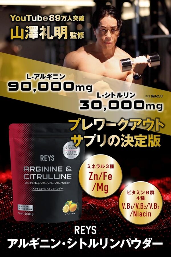 REYS レイズ アルギニン・シトルリンパウダー ゆずレモン風味 山澤 礼明 監修 240g L-アルギニン3,000mg L-シトルリン1,000mg ミネラル3種 ビタミンB群4種配合 - 画像 (2)