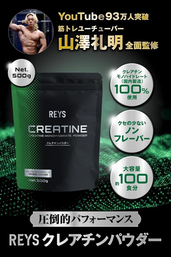REYS レイズ クレアチン パウダー 500g 山澤礼明 監修使用目安 約100回分クレアチンモノハイドレート（国内製造）100%使用 ノンフレーバー - 画像 (2)