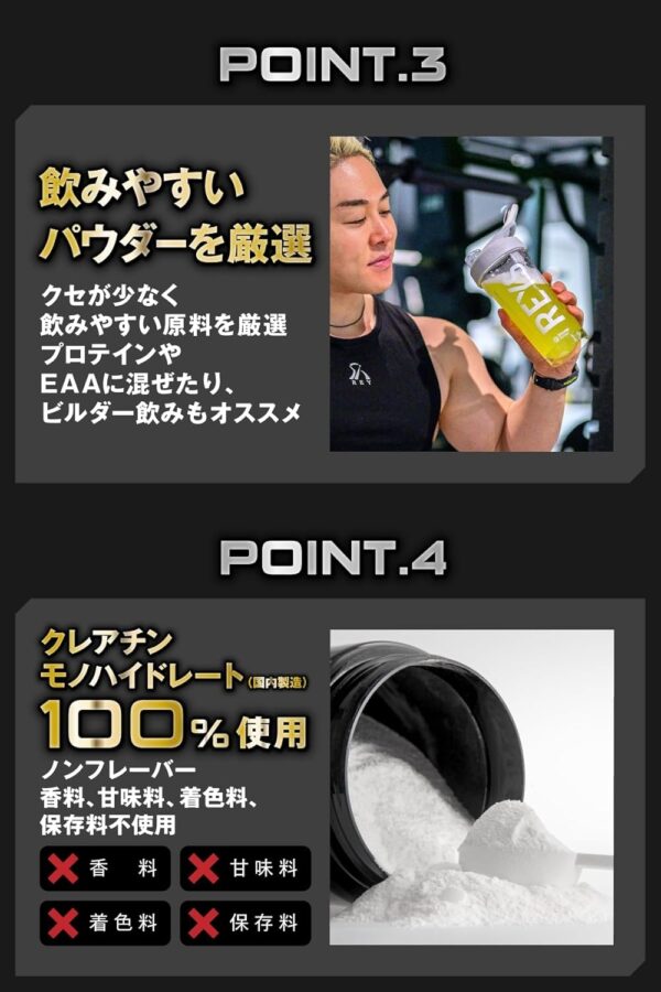 REYS レイズ クレアチン パウダー 500g 山澤礼明 監修使用目安 約100回分クレアチンモノハイドレート（国内製造）100%使用 ノンフレーバー - 画像 (5)