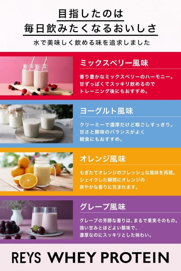 REYS レイズ ホエイ プロテイン お試し セット 個包装 30g × 4種 山澤 礼明 監修 国内製造 ビタミン7種配合 WPCプロテイン ぷろていん ホエイプロテイン ミックスベリー ヨーグルト オレンジ グレープ (4個セット, フルーツ＆ヨーグルトフレーバー) - 画像 (5)