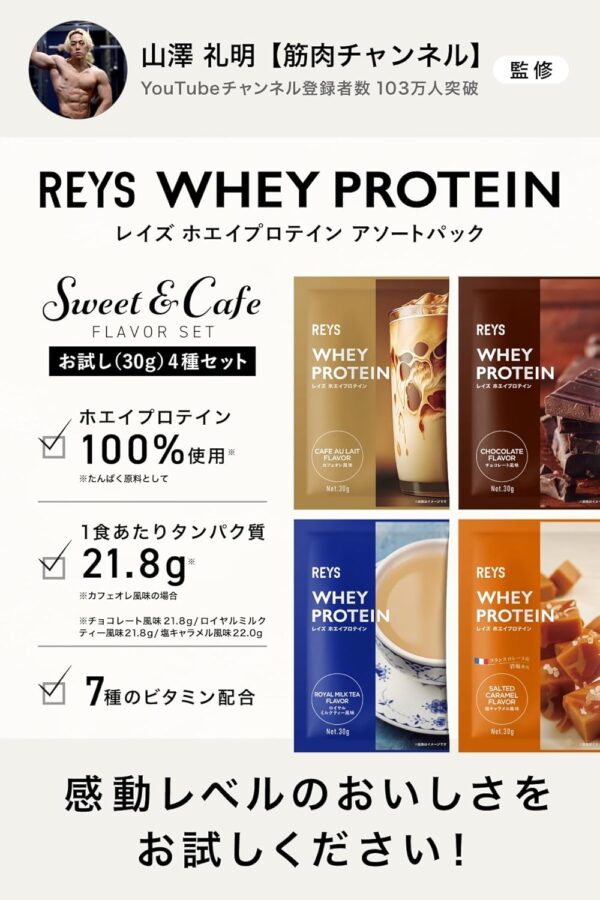 REYS レイズ ホエイ プロテイン お試し セット 個包装 30g × 4種 山澤 礼明 監修 国内製造 ビタミン7種配合 WPCプロテイン ぷろていん ホエイプロテイン ミックスベリー ヨーグルト オレンジ グレープ (4個セット, フルーツ＆ヨーグルトフレーバー) - 画像 (9)