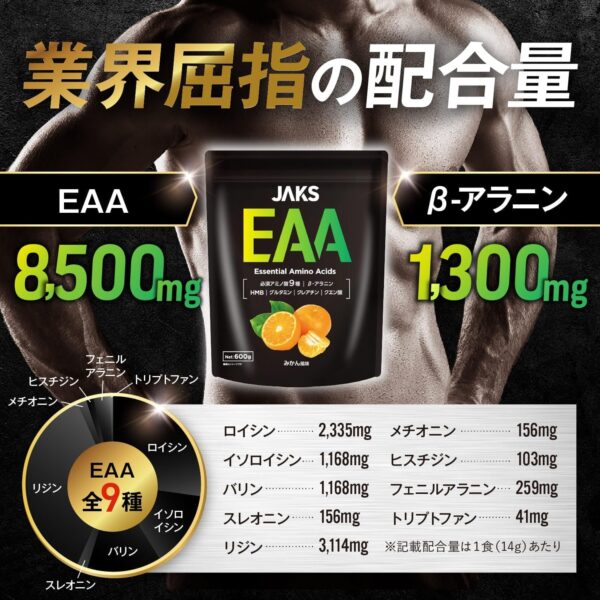 JAKS EAA マスカット風味 600g EAA8,500mg配合 高配合 BCAA ベータアラニン1,300mg クレアチン グルタミン クエン酸 HMB 必須アミノ酸 ビタミン11種 ジャックス - 画像 (10)