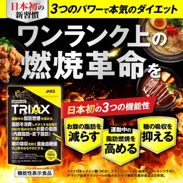 JAKS TRIAX トライアックス 150粒 日本初 運動中の脂肪燃焼 内臓脂肪 皮下脂肪 糖の吸収 ダイエット HCA ブラックジンジャー サラシア 機能性表示食品 ジャックス 国内GMP認定工場製造 サプリメント - 画像 (2)