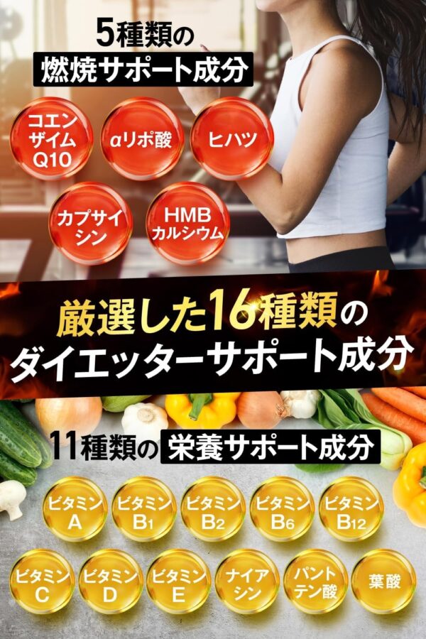 JAKS カルニチン 23,000mg ダイエット EAA HMB カプサイシン コエンザイムQ10 αリポ酸 ヒハツ ビタミン11種 サプリメント 国内GMP認定工場製造 - 画像 (5)
