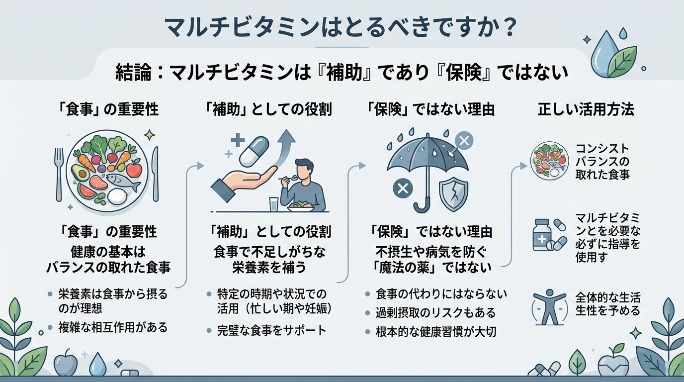 結論:マルチビタミンは「補助」であり「保険」ではない