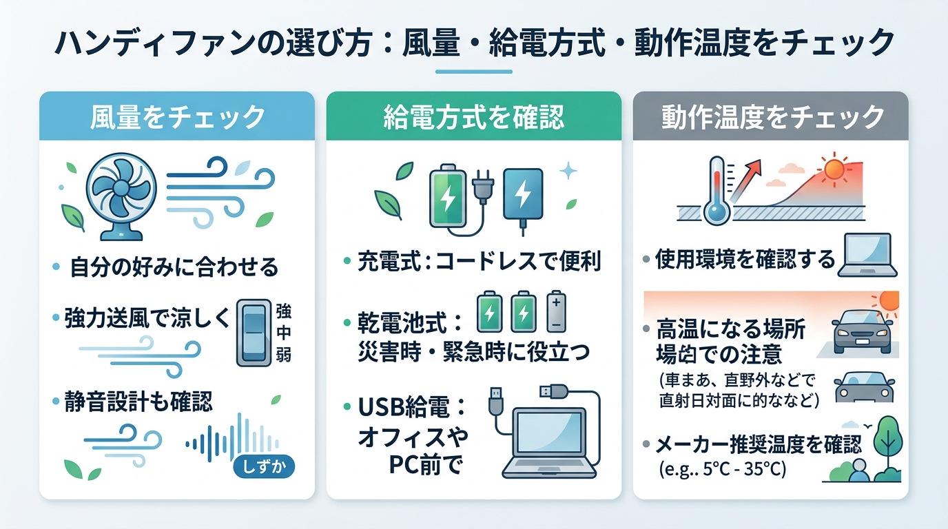 ハンディファンの選び方：風量・給電方式・動作温度をチェック