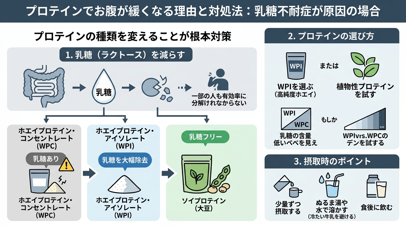 乳糖不耐症が原因の場合:プロテインの種類を変えることが根本対策