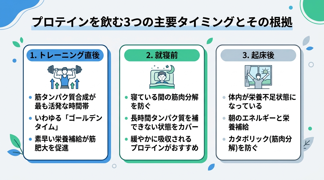 プロテインを飲む3つの主要タイミングとその根拠