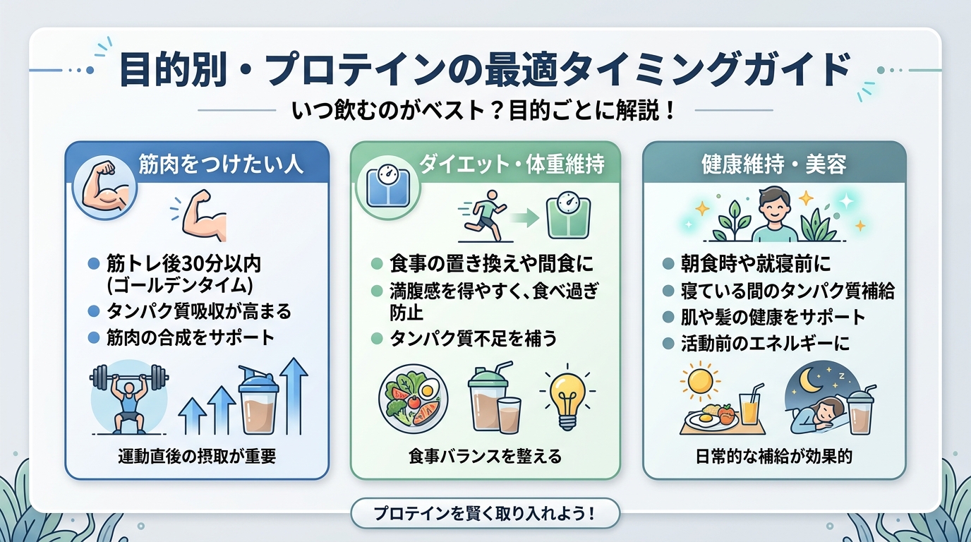 目的別・プロテインの最適タイミングガイド