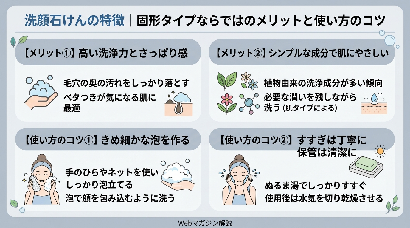 洗顔石けんの特徴|固形タイプならではのメリットと使い方のコツ