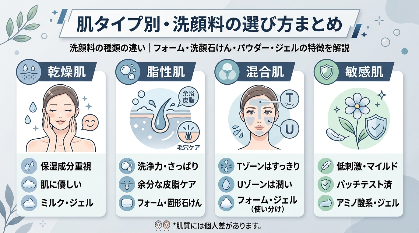 肌タイプ別・洗顔料の選び方まとめ