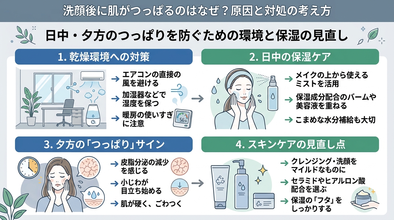 日中・夕方のつっぱりを防ぐための環境と保湿の見直し