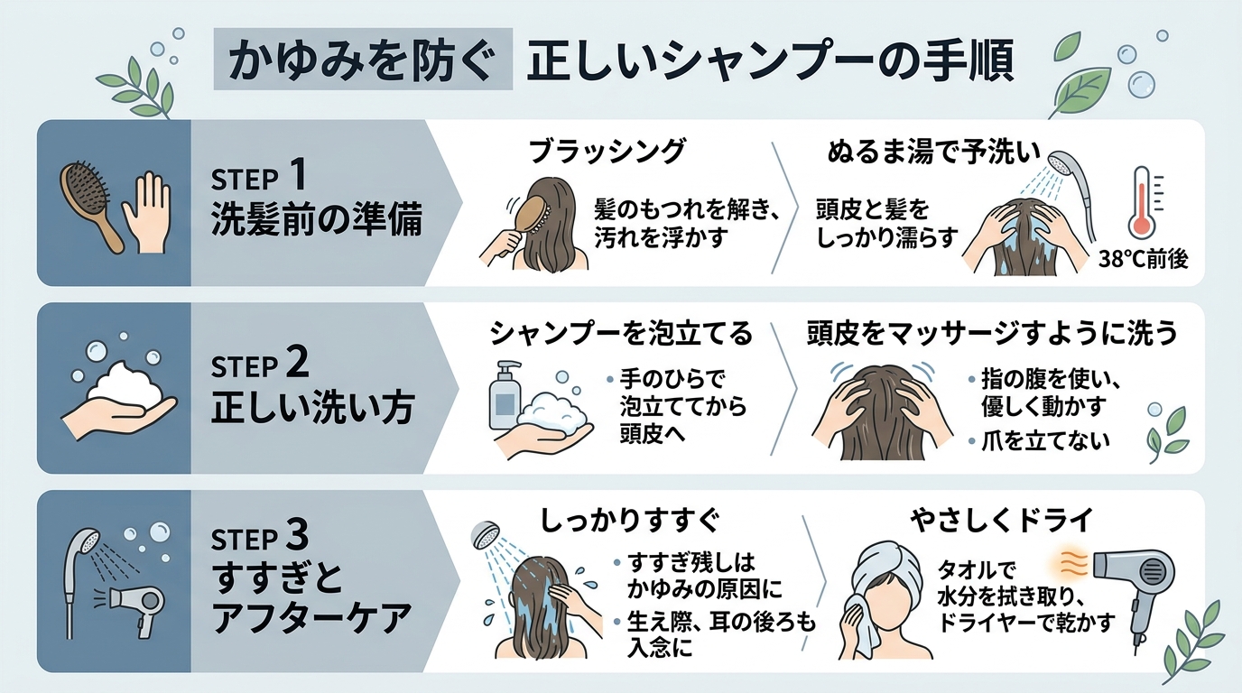 かゆみを防ぐ正しいシャンプーの手順