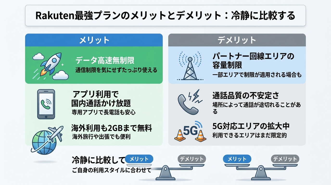Rakuten最強プランのメリットとデメリット：冷静に比較する