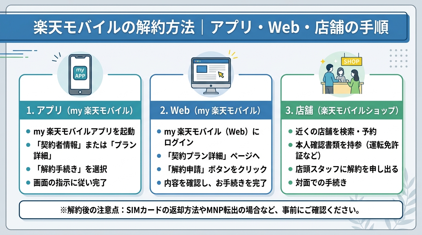 楽天モバイルの解約方法｜アプリ・Web・店舗の手順