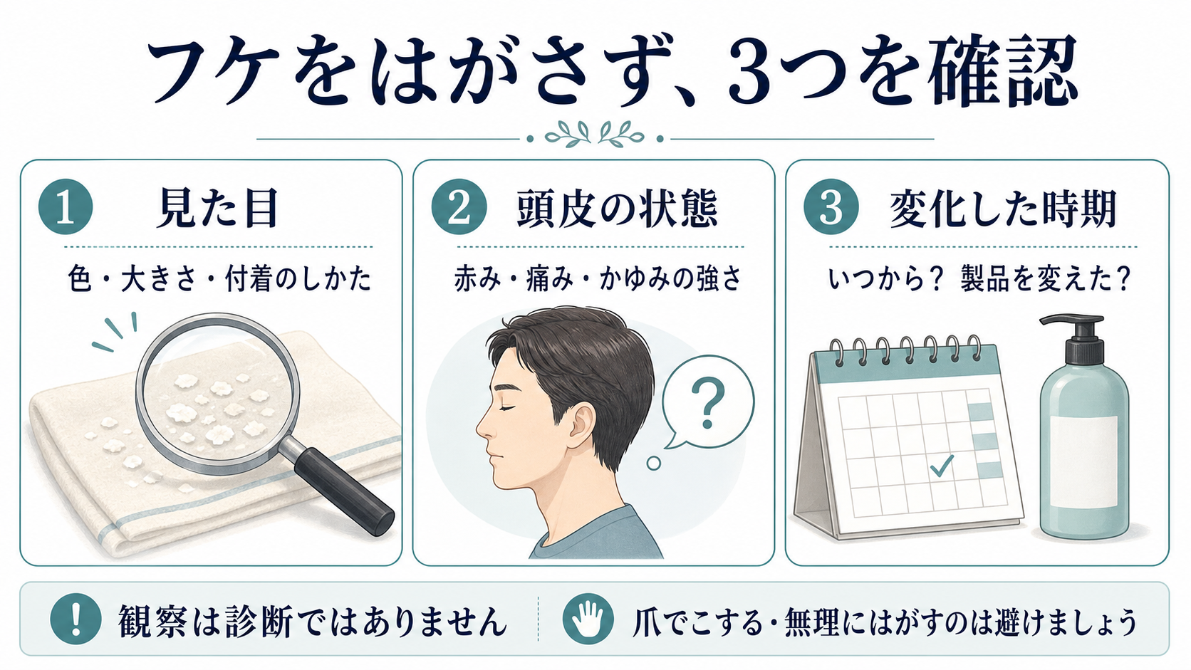 フケの見た目・頭皮の状態・変化した時期を確認する3項目の図解