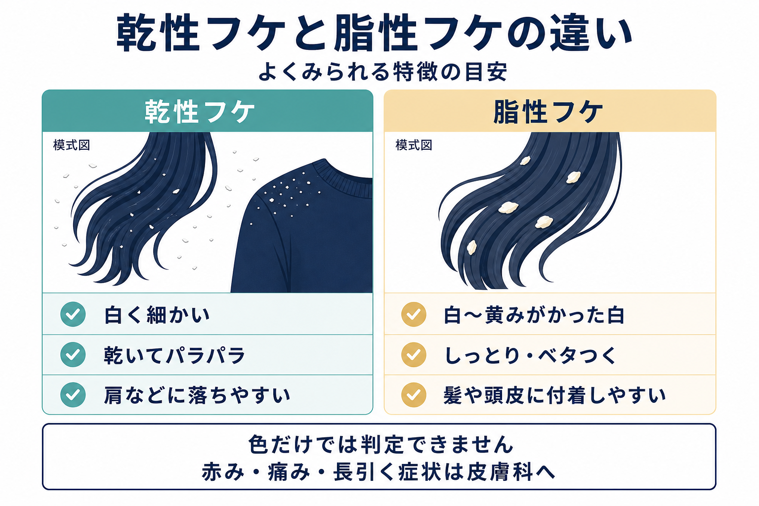 乾性フケと脂性フケの色・質感・付着のしかたを比べる模式図