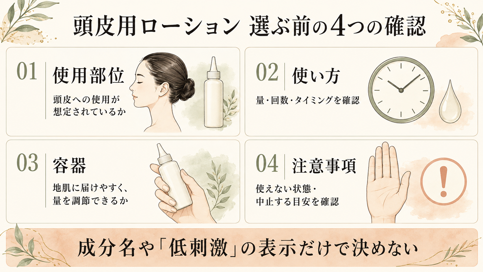 頭皮用ローションを選ぶ前に使用部位・使い方・容器・注意事項を確認する図
