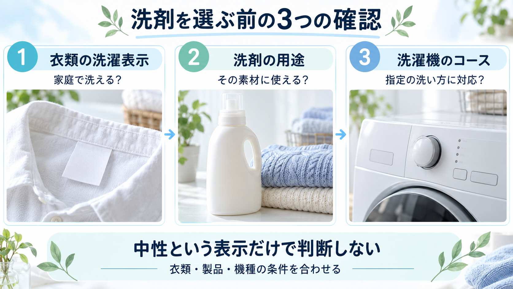 おしゃれ着洗剤を選ぶ前に衣類の洗濯表示、洗剤の対象素材、対応コースを順に確認する図