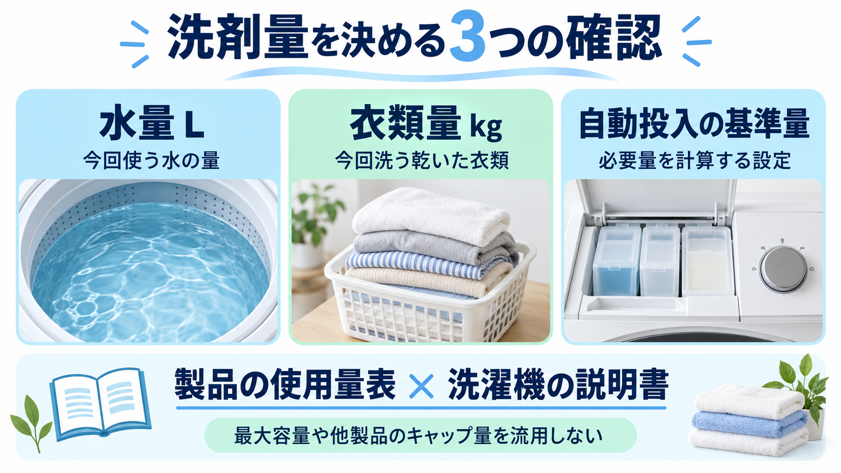 洗剤量の確認で水量、衣類量、自動投入の基準量を区別する3つのカード
