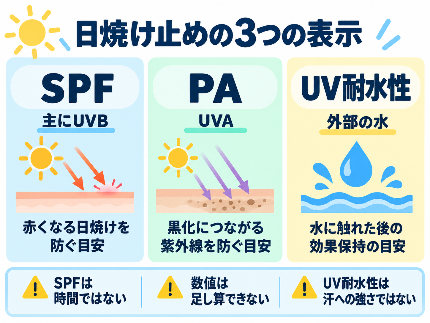SPF・PA・UV耐水性の違いを示す解説図
