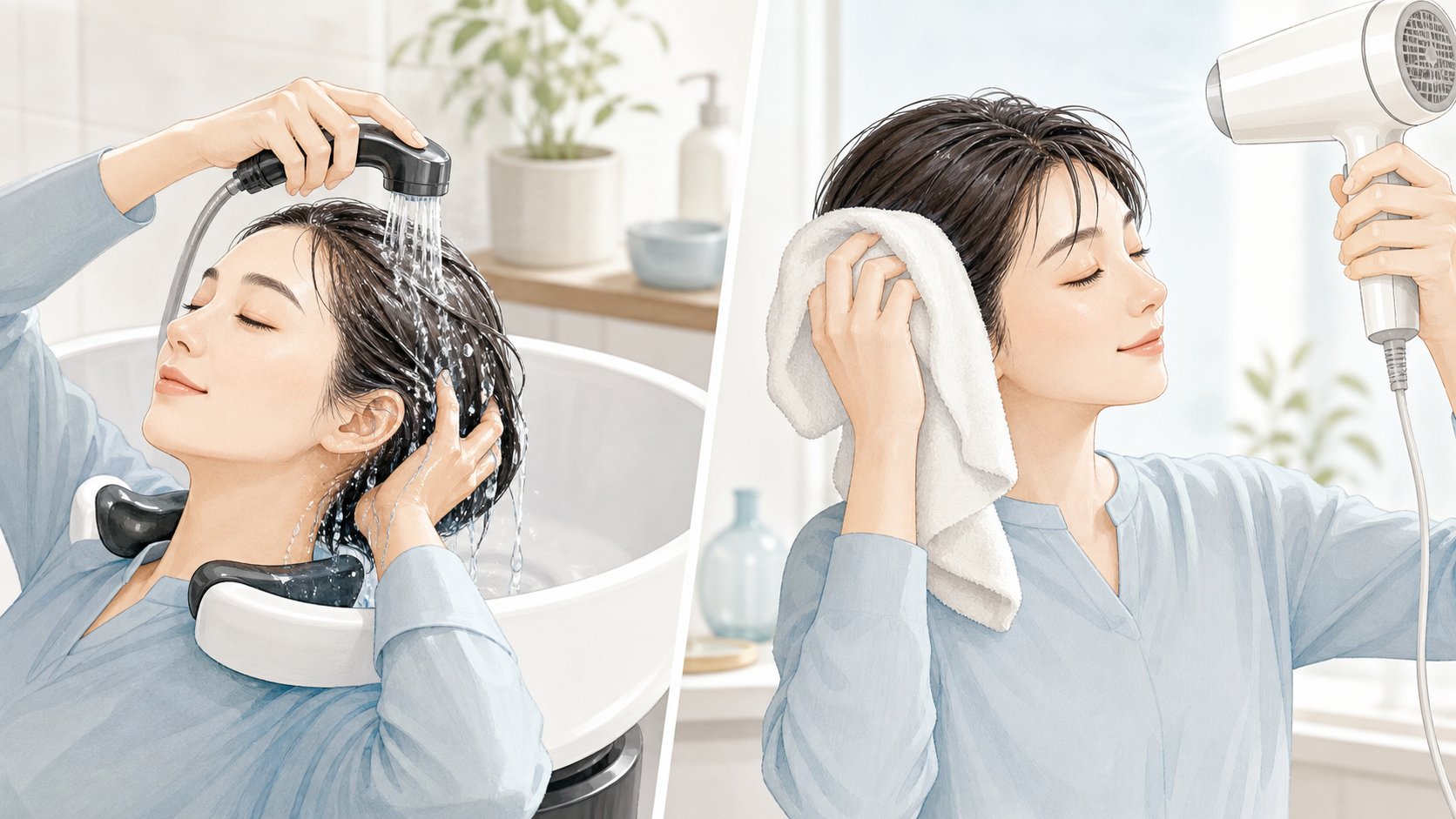 すすぎ残しを防ぎ頭皮から乾かす流れ