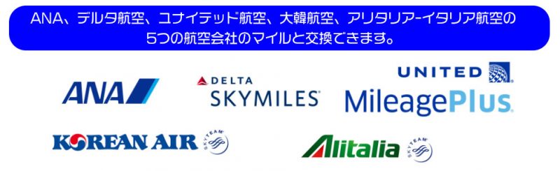 ANA、デルタ航空、ユナイテッド航空、大韓航空、アリタリア-イタリア航空の5つの航空会社のマイルと交換