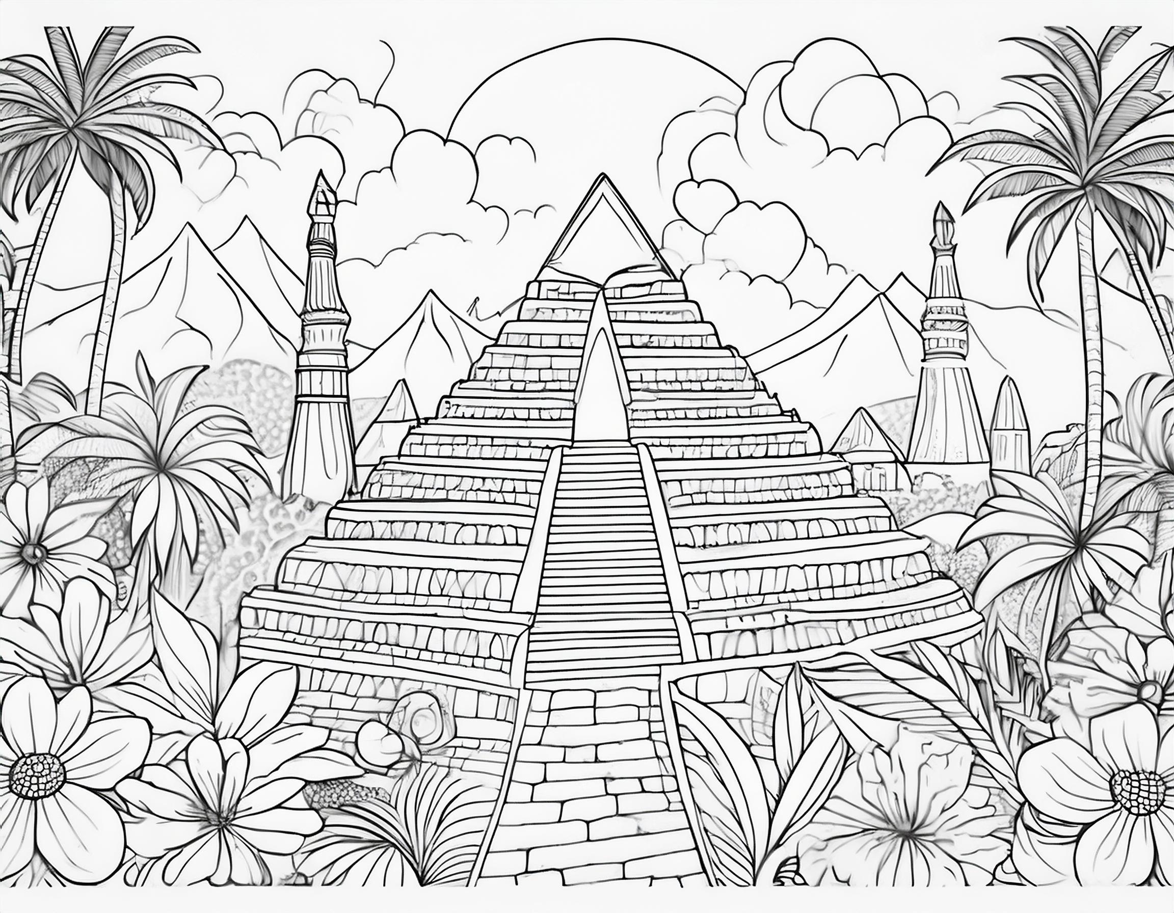 無料！大人のぬりえ｜古代エジプトのピラミッドやギリシャの神殿のデザイン004